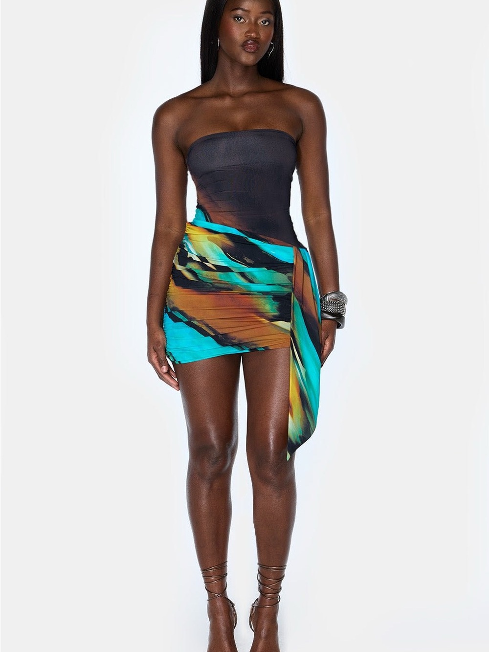 Strapless Black Mini Dress with Turquoise & Gold Print Wrap